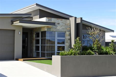 Skillion Roof And Beautiful Feature Stonework Facade House Modern