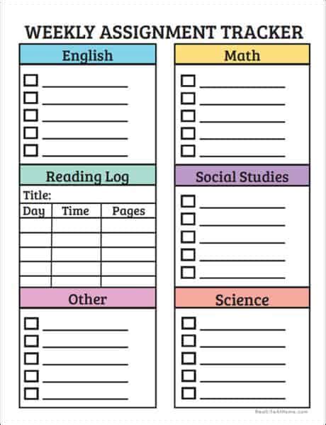 Printable Weekly Assignment Sheet Color And Black And White