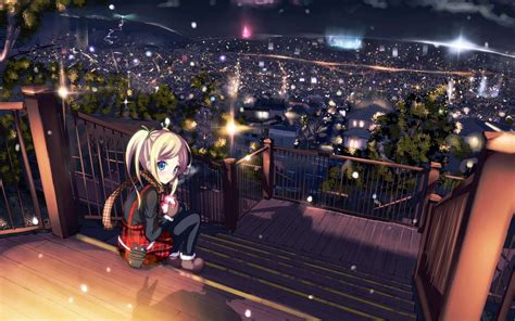 Anime Girls City Night View Lights Wallpaper Anime