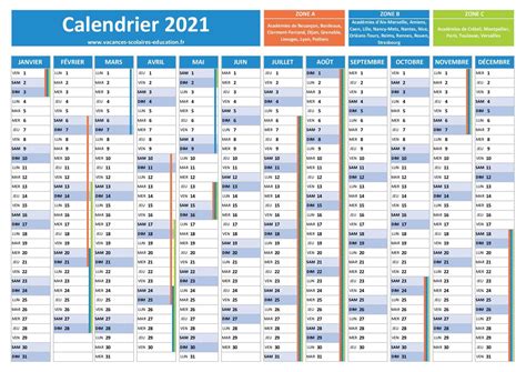 Calendrier 2021 Avec Vacances Scolaires Et Jours Fériés à Imprimer