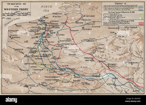 Western Front Main Battle Lines Vintage Map Ww1 First World War Stock