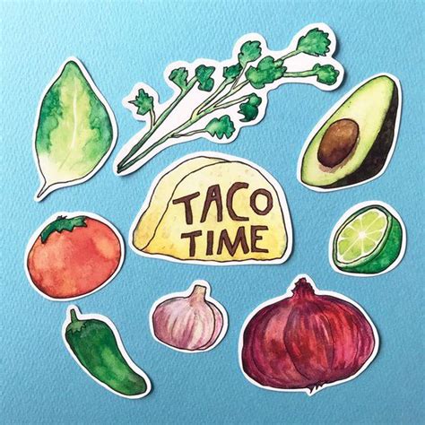 Taco Time Sticker Set Veggie Taco Laptop Stickers Etsy Taco Time