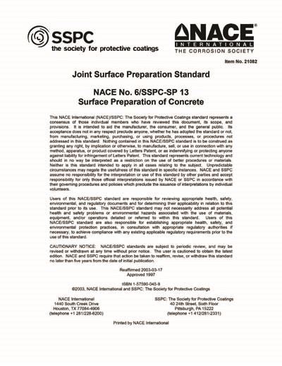 Nace No 6sspc Sp 13 Surface Preparation Of Concrete