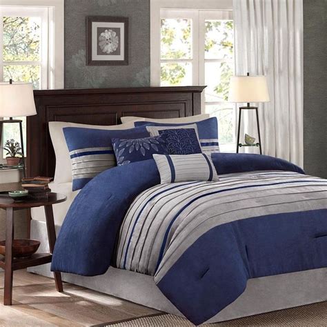 Chezmoi collection queen comforter sets sets. Comforter Set 7 Piece Queen Navy Blue and Gray Ultra-soft ...
