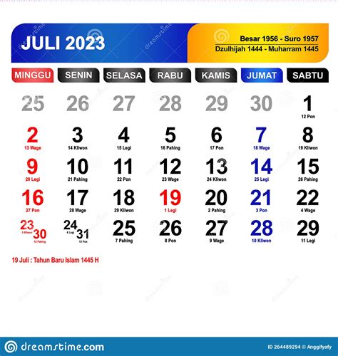 Kalender Bulan Juli 2023 Long Dengan Hari Libur Fotografia Stock