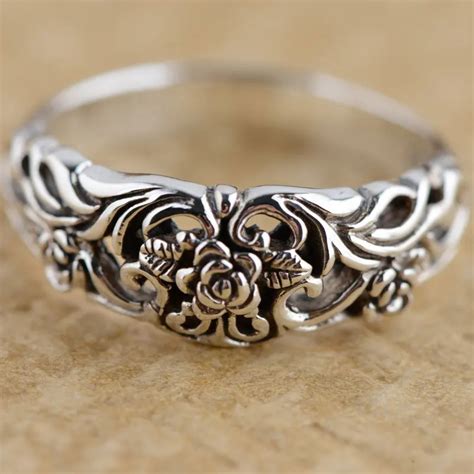 Fnj Rose Flower Ring 925 Sterling Silver Vintage Anillos S925 Thai