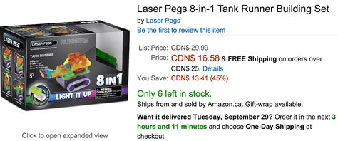 Amazon Canada Today's Offers: Save 45% On Laser Pegs 8-in-1 Tank Runner ...