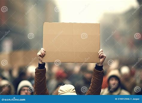 Protestors On The Street Holding Blank Cardboard Banner Sign Stock