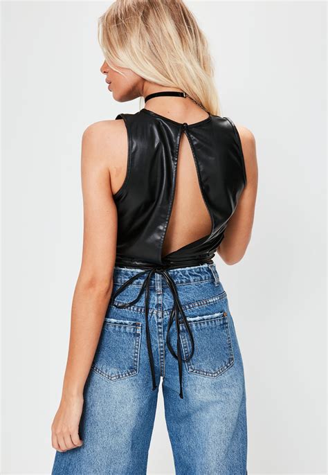 Missguided Black Faux Leather Wrap Crop Top Lyst