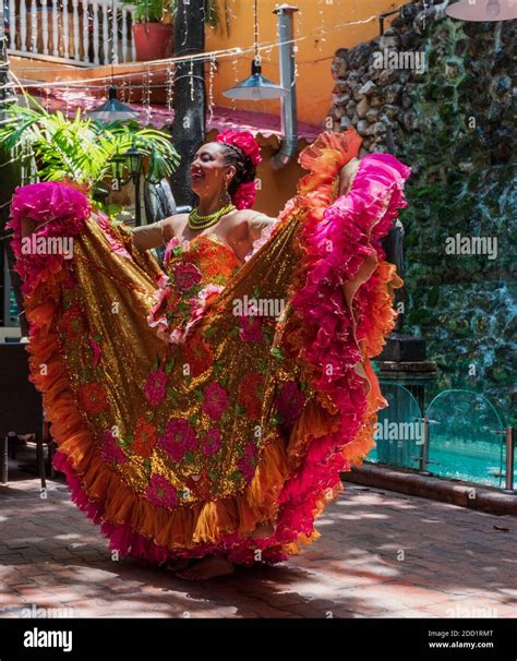 cartagena columbia april 21 2018 photo of an energetic columbian dancer in traditional