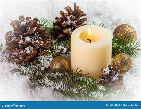 Snowy Scene With Candle And Holiday Decor Stock Image Image Of Card