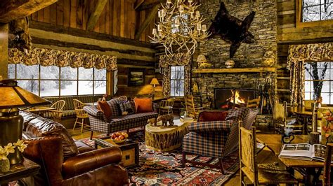 Rustic Winter Snow Lodge Cabin With A Warm Fireplace And Heavy Snow