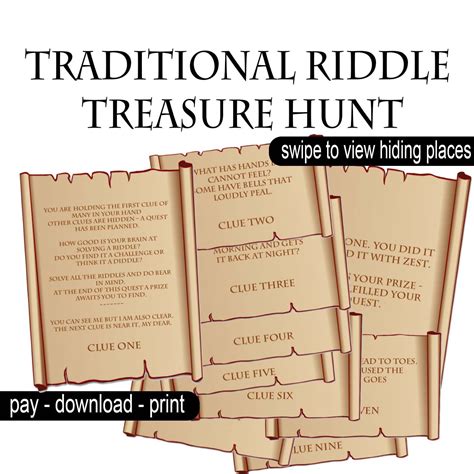 Treasure hunts are popular on television, but with a little creativity parents can bring the hunt home! Traditional Riddle Treasure Hunt Clues Printable - hidden ...