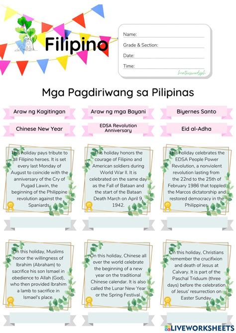 Mga Pagdiriwang Sa Pilipinas Hunterswoodsph Filipino Worksheet