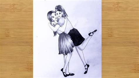 How To Draw Two Sister Hugging Each Other With Beautiful Dress Pencil Sketch Face Drawing