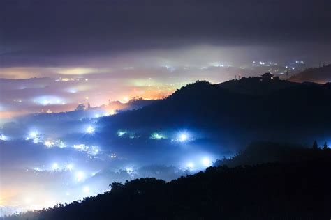 Landscapes Night Lights Hills Towns Cities Haze Fog Mist Trees
