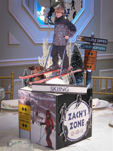 I already had bottle brush trees left out when i transitioned from christmas to winter decor and they add a fun element to the table with a cute little squirrel. Skiing Themed Centerpiece Ski Themed Photo Cube ...