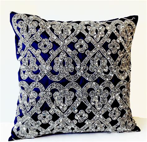 Sequin Navy Blue Throw Pillow Silver Bead Pillow Decorative Etsy In