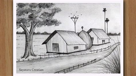 How To Draw A Scenery Of Village Step By Step Pencil Drawing For