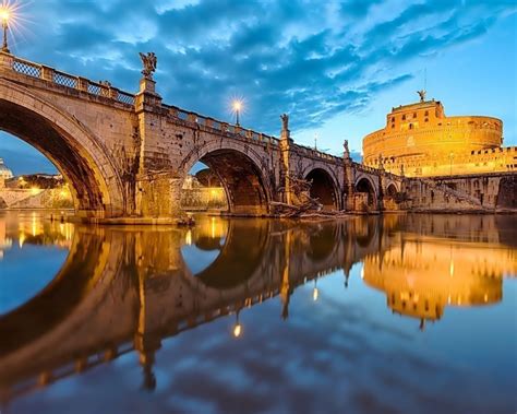 Rome Italy Ponte Sant Angelo Bridge Tiber River Castle San Angelo Reflection Hd Wallpapers For