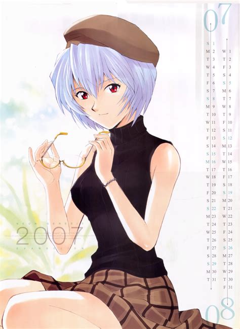Safebooru Ayanami Rei Bare Shoulders Beret Blue Hair Bracelet Calendar Glasses Hat Highres