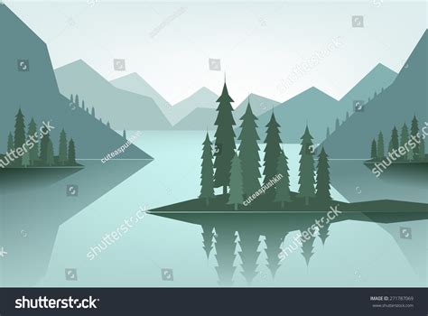 Flat Canadian Landscape With Mountains Lake And Pine