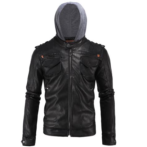 Mens Motorcycle Brando Style Biker Real Leather Hoodie Jacket Detach