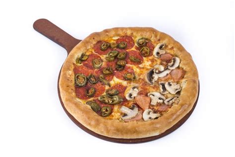 Delicious Pizza On A Wooden Plate With Pepperoni Mushroom Ham And