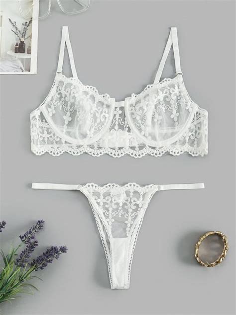 31 Off 2021 Flower Embroidered Lace Underwire Tanga Lingerie Set In White Zaful United Kingdom