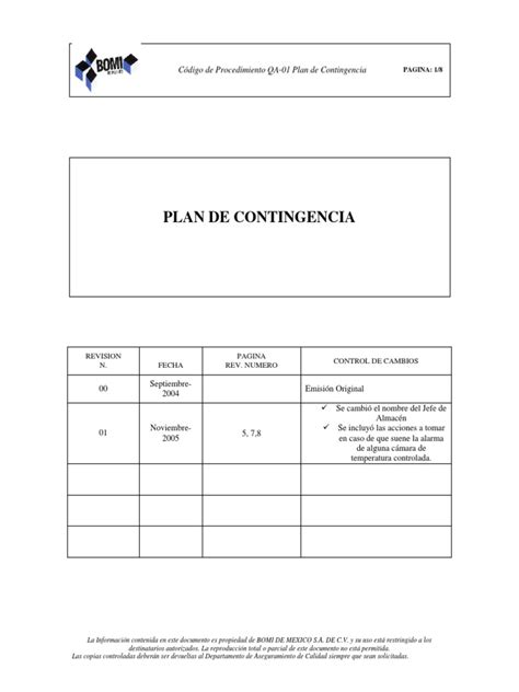 Qa 01 Plan De Contingencia Rev 01pdf Calidad Comercial Ciencia Y