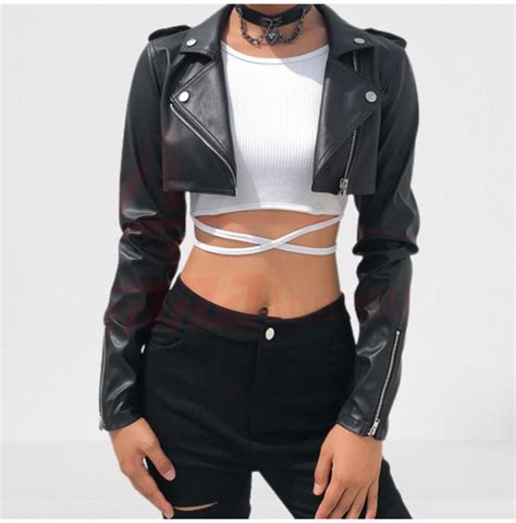 Women Black Leather Cropped Biker Jacket Chic Fashion Rebelsmarket