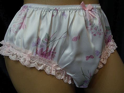 Printed Satin Handmade Sissy Ruffle Brief Style Panties W Leg Lace S Xl
