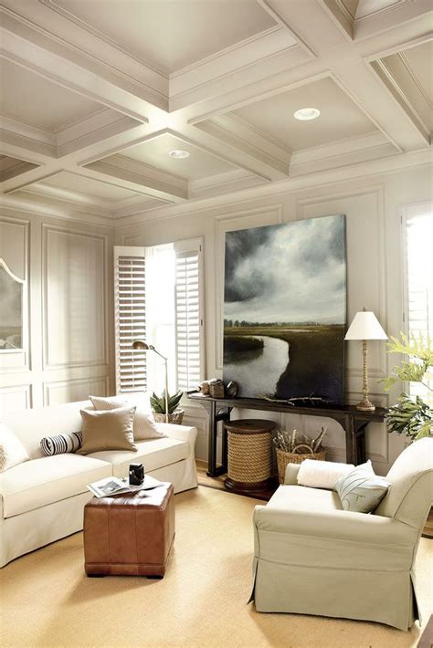 The ceiling is often forgotten, left with just a coat of white paint. Interior full-length shutters, coffered ceiling, contrast ...
