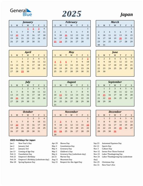 2025 Japan Calendar With Holidays