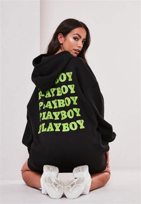 Playboy X Missguided Black Oversized Slogan Hoodie Dress Black From