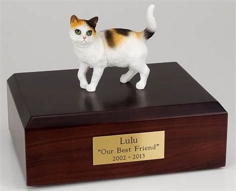 Classic and value priced urns; Tri-color cat cremation figurine urn w/wooden storage box