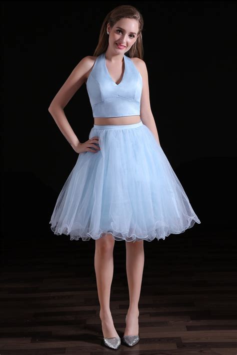 Cute Halter Two Piece Light Blue Tulle Short Prom Dress Hot Sex Picture