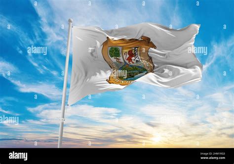 Flag Of Coahuila Mexico At Cloudy Sky Background On Sunset Panoramic