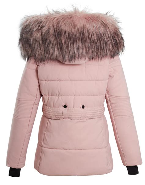 Womens Faux Fur Trim Hood Belted Quilted Padded Jacket Ladies Coat Size