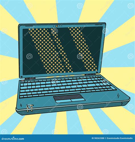 Laptop In Pop Art Open Digital Notebook In Comic Style Vector
