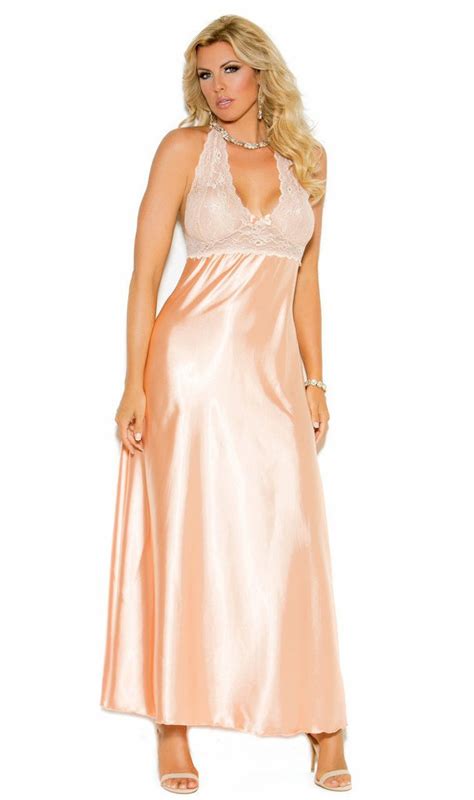 Elegant Peach Lace And Satin Long Halter Neck Nightgown Nyteez