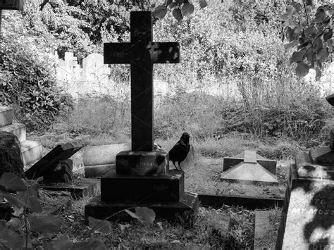 Tombs And Crosses At Goth Cemetery In Black And White High Quality