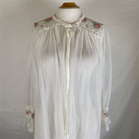 vintage 60s miss elaine sheer chiffon peignoir robe floral cottagecore size m