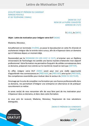 Exemple de Lettre de Motivation pour DUT  Lettre Gratuite