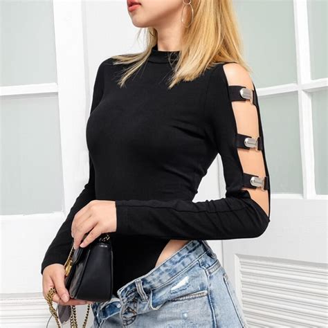 Long Sleeve Hollow Out Black Skinny Bodysuits Women O Neck Autumn