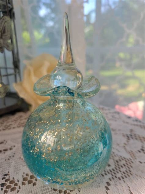 Vintage Aqua Blue Gold Fleck Hand Blown Art Glass Perfume Etsy