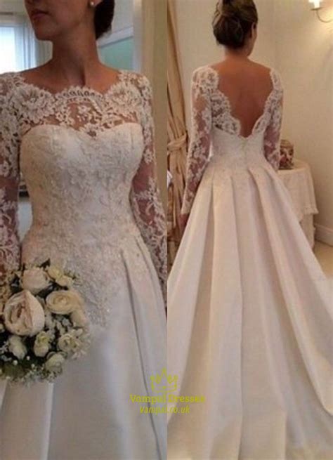 Women's prom lace dress elegant gown evening dress cocktail dress open back uk. V Back Long Sleeve Illusion Lace Bodice Wedding Dress With ...