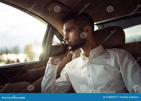 Man In Back Seat Of Moving Car Stock Image Image Of Contemplation