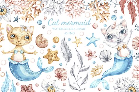 Download Watercolor cute mermaid cat clipart. Nautical underwater ...
