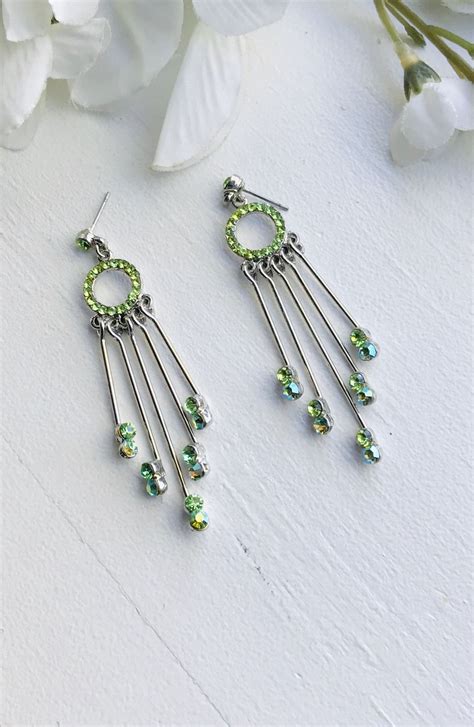 Vintage Lime Green Chandelier Earrings Gift For Her Crystal Etsy